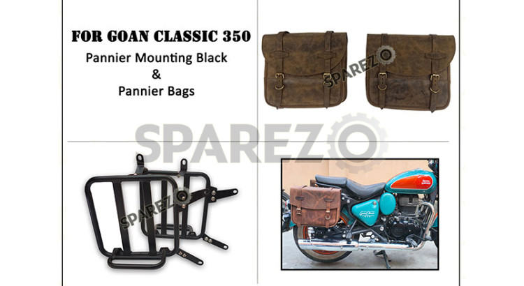 For Royal Enfield Goan Classic 350 Leather Pannier Dust Color Bags With Mounting - SPAREZO For Royal Enfield Goan Classic 350 Leather Pannier Dust Color Bags With Mounting - SPAREZO